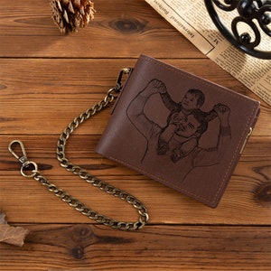 Cartera personalizada para hombre, Cartera con foto grabada para marido, Cartera de cuero PU con cadena, Regalo de aniversario para él, Novio, Padre, Regalo de cumpleaños