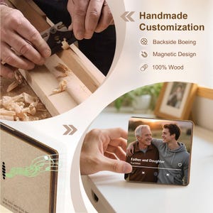 May include: A wooden photo plaque with a picture of a father and son, with the text "Father and Daughter" and "Paul Simon". The plaque is being held by a person. The image also shows a person working with wood and the text "Handmade Customization".