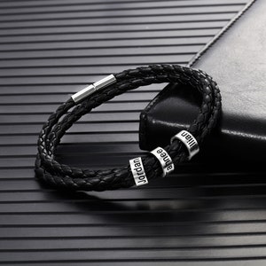 Zwarte gevlochten leren armbanden voor mannen op maat 2-6 familieleden naam kralenarmband voor liefde, gepersonaliseerde cadeaus voor hem Vaderdagcadeau