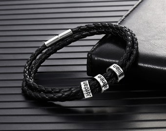 Black Braid Leather Bracelets for Men Custom 2-6 Family Members Name Beaded Bracelet for Love,Personalized Gifts for Him Fathers Day Gift
