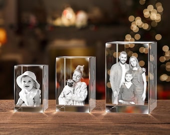 Personalized 3D Crystal Photo Cube w/Light Base, Custom Laser Engraved Etched Picture Crystal Brick Cube, Anniversary Keepsake Gift for Him