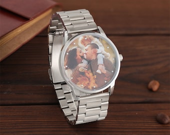 Personalisierte Foto-Herrenarmbanduhr, individuell gravierter Text, Edelstahluhren für Ihn, Jubiläumsgeschenke für Papa, Vatertagsgeschenke