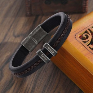 Pulsera personalizada con cuentas de 2-5 nombres, pulsera de cuero para hombres con nombres de miembros de la familia, el mejor regalo de papá para él, regalo del Día del Padre