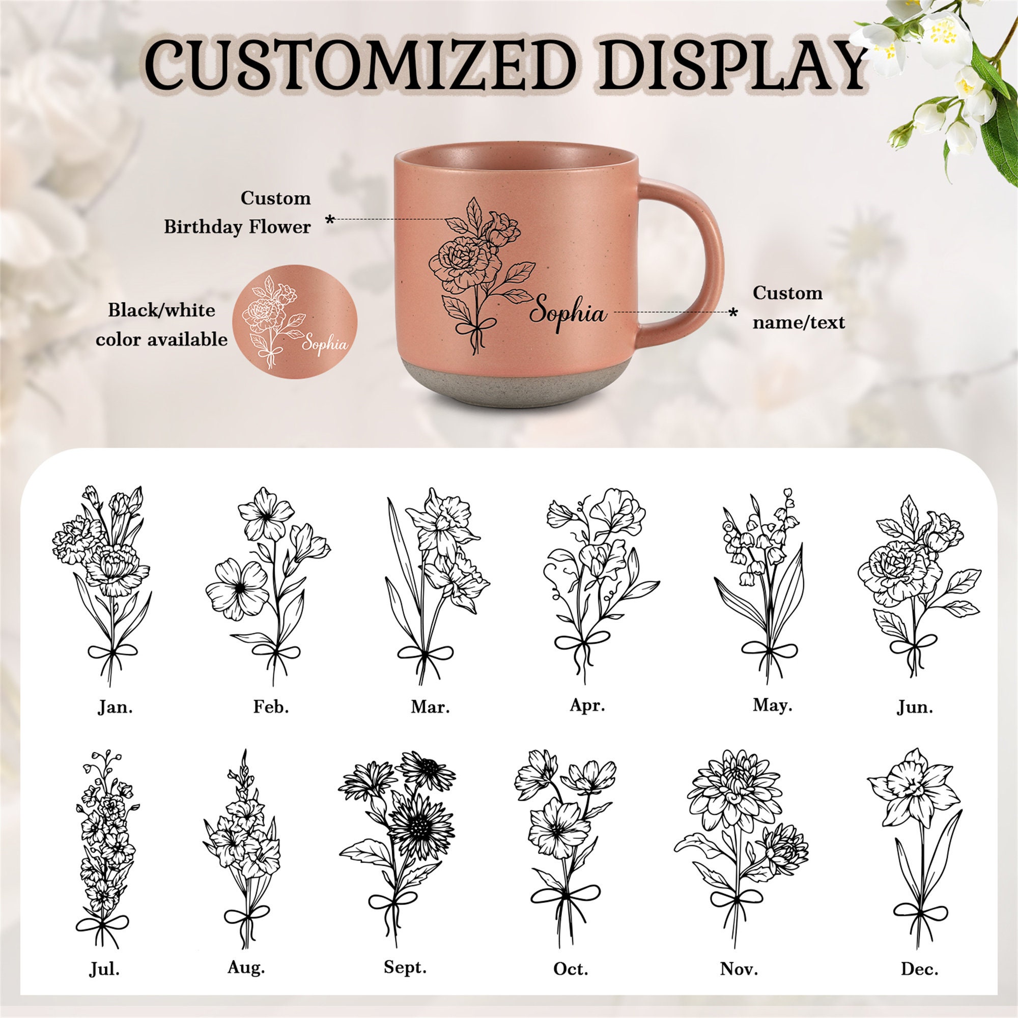 Custom Mug Ceramic Mug, Birth Flower Mug, Coffee Mug, Engraved Name Floral Mug, Personalized Family Christmas Birthday Gift, Wedding Favor