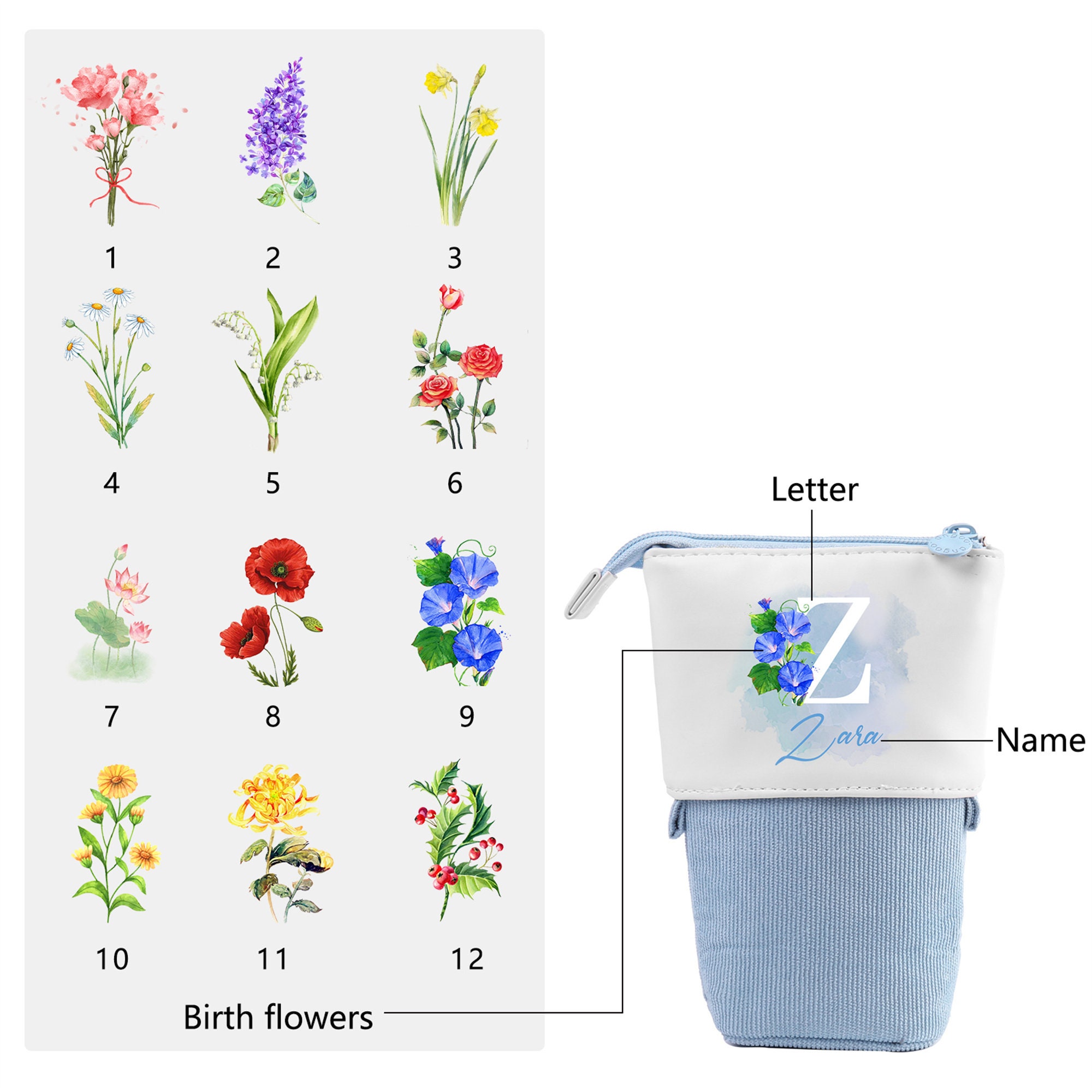 Custom Name & Birthflower Pencil Case Pop Up Pen Pouch Personalized Makeup Cosmetic Bag Birthday Gift For Teacher Back to School Kid gift