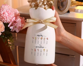 First Mom Now Grandma Garden Personalized Ceramic Vase, Custom Birth Flower Vase with Kids Grandkids Name, Mother's Day Gift for Mom Grandma