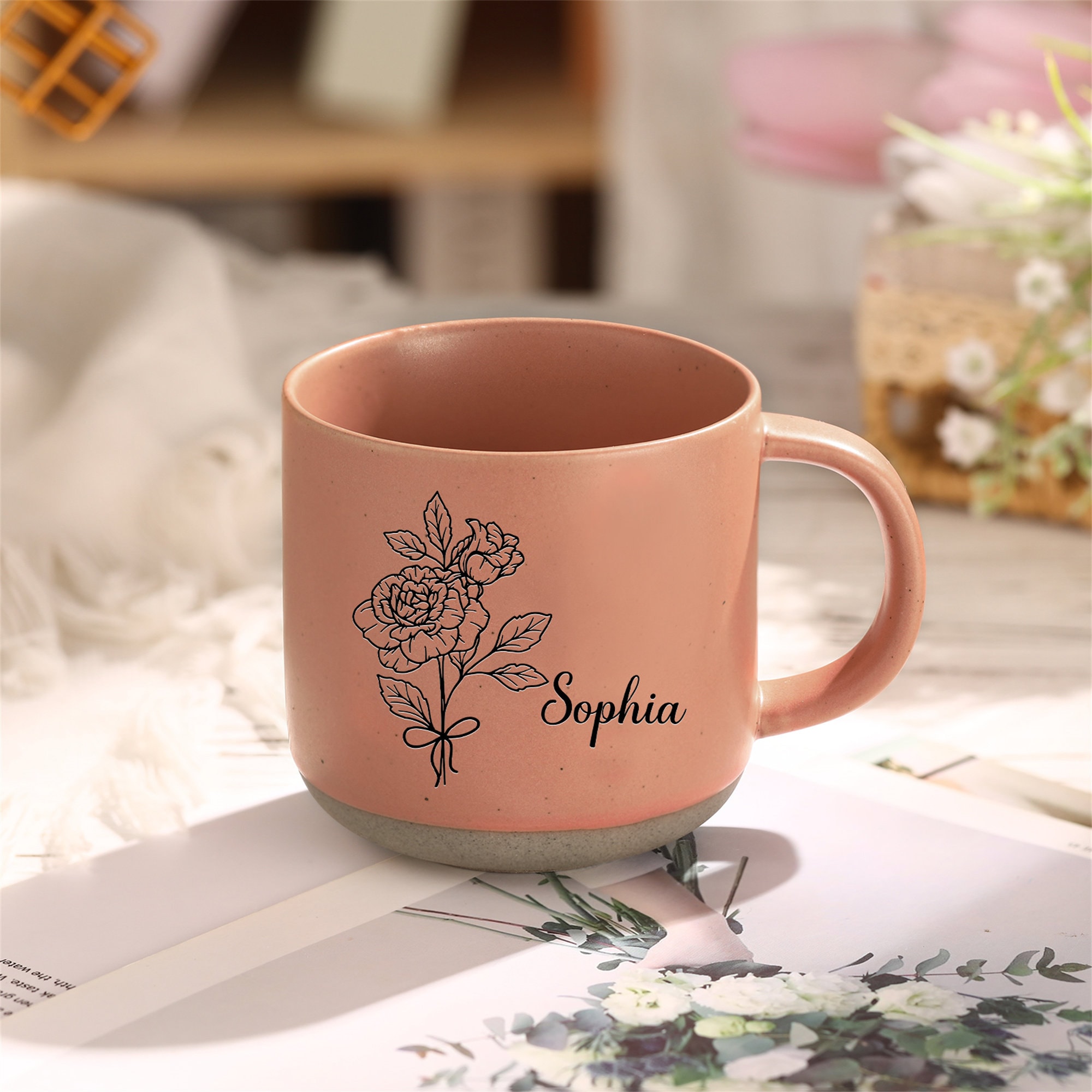 Custom Mug Ceramic Mug, Birth Flower Mug, Coffee Mug, Engraved Name Floral Mug, Personalized Family Christmas Birthday Gift, Wedding Favor