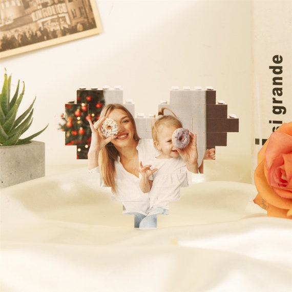 Personalized Customized 2 Photos Heart Building Block Puzzle Picture Memory Decor Valentine&#39;s Gifts for Couples (3 Size selection)