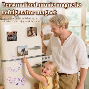 May include: Personalized music refrigerator magnets with family photos attached to a white refrigerator. The magnets are square and feature images of a father and child. The text on the image says, "Personalized music magnetic refrigerator magnet."
