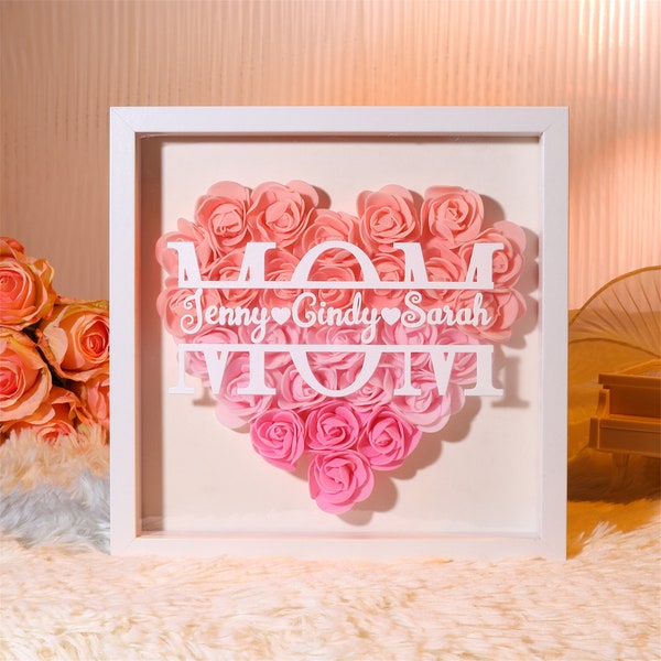 Personalized Custom Name Ornaments Gifts for Mom, Roses Patchwork Heart Decoration Frame Ornament with Stand, Mother's Day Gift