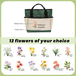Puede incluir: Una bolsa de jard&iacute;n de lona verde y beige con un dise&ntilde;o bordado personalizado. La bolsa tiene un asa negra y un cierre de cord&oacute;n. El bordado presenta un dise&ntilde;o floral y el texto "Selena's Garden".