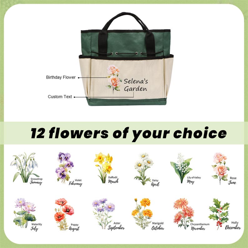 Puede incluir: Una bolsa de jard&iacute;n de lona verde y beige con un dise&ntilde;o bordado personalizado. La bolsa tiene un asa negra y un cierre de cord&oacute;n. El bordado presenta un dise&ntilde;o floral y el texto "Selena's Garden".