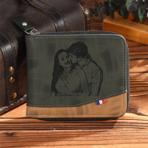 Cartera personalizada con cremallera para hombre, cartera de cuero PU con foto grabada con nombre inicial para marido, regalo de recuerdo para papá, regalo de aniversario para él
