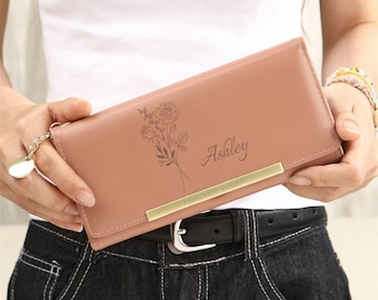 Birth Flower Leather Wallet, Personalized Birth Flower Women’s Wallet, Custom Photo Wallet for Her, Engraved Wallet, Mother's Day Gifts