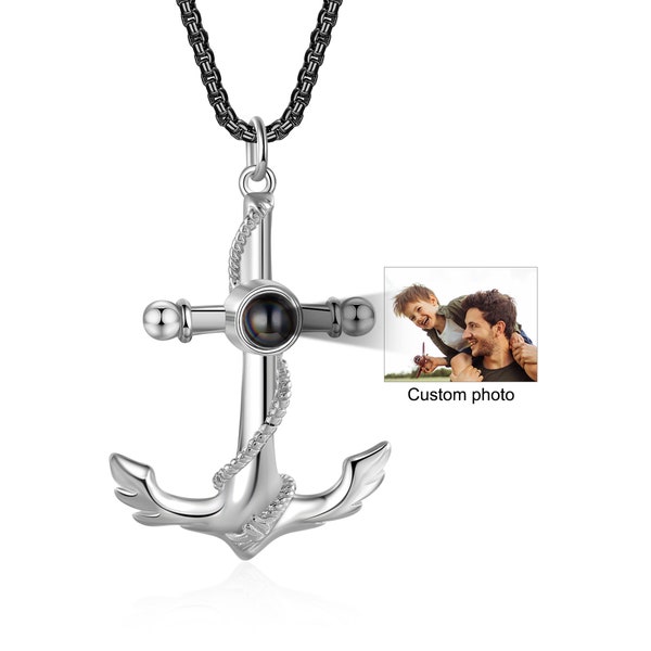 Custom Photo Projection Anchor Necklace for Men Memorial Dad and Kids Picture Pendant Necklace Personalized Gift for Him,Fathers Day Gift