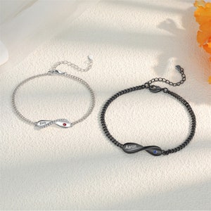Couple Infinity Bracelet Set Custom Birthstone Engraving Bracelet Matching Bracelet Long Distance Gift for Boyfriend, Adjustable