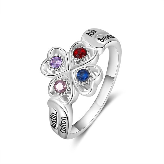 JewelOra Personalized Mothers Ring With Simulated Birthstones - Custom Engraved 3-4 Name Promise Ring For Women
