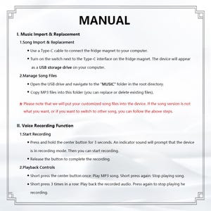 May include: A white manual with black text detailing instructions for a fridge magnet. The document covers music import, replacement, and voice recording functions, including steps for connecting to a computer and managing files.
