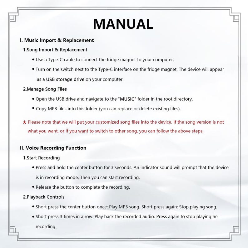 May include: A white manual with black text detailing instructions for a fridge magnet. The document covers music import, replacement, and voice recording functions, including steps for connecting to a computer and managing files.