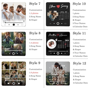 May include: Twelve different styles of customizable music player designs. Each design features a black background with a music player interface, a heart icon, and a calendar. Some designs include photos, names, and song titles.