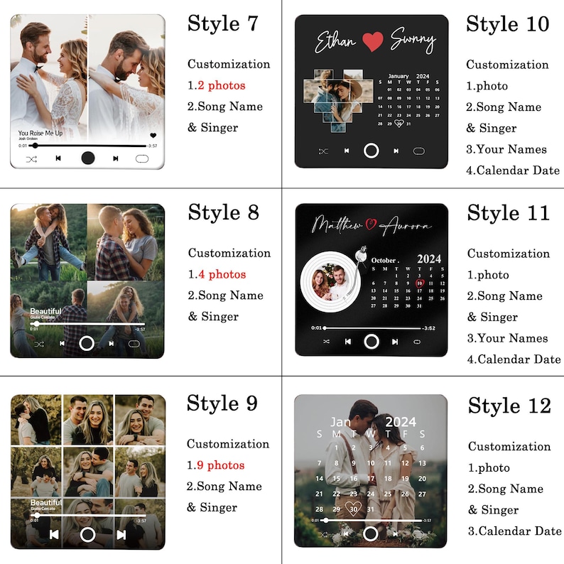 May include: Twelve different styles of customizable music player designs. Each design features a black background with a music player interface, a heart icon, and a calendar. Some designs include photos, names, and song titles.