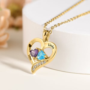 Collar personalizado de piedra de nacimiento personalizado con nombre de plata de ley, collar de promesa de corazón pequeño, joyería de aniversario, regalo del día de la madre para ella