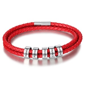 Pulseras de cuero trenzado rojo personalizadas con 2 a 5 nombres, pulsera de identificación con cuentas y nombre grabado para hombres, esposos, regalo personalizado para el día del padre y la familia