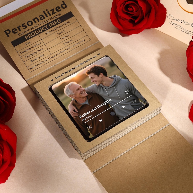 May include: A personalized custom music fridge magnet with a photo of a father and daughter. The magnet is in a cardboard box with product information. The text on the magnet reads "Father and Daughter" by Paul Simon.