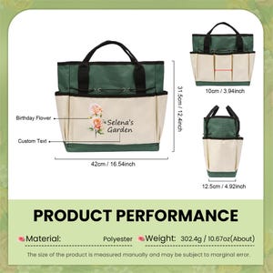 Puede incluir: Bolso de jard&iacute;n de lona verde y beige con m&uacute;ltiples bolsillos. El bolso tiene un asa negra y un dise&ntilde;o floral con el texto "Selena's Garden".