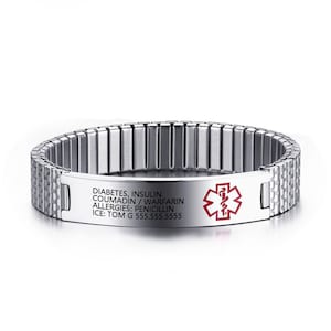 Pulsera de identificación de alerta médica personalizada para hombres y mujeres, pulseras de identificación de alerta médica de emergencia impermeables elásticas de 7 pulgadas, regalos para él