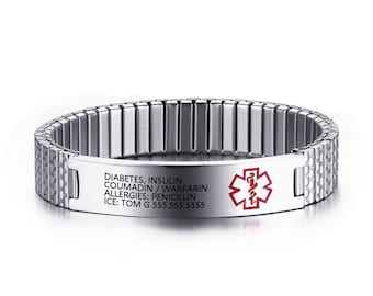 Bracelet d'identification d'alerte médicale personnalisé personnalisé pour hommes femmes 7 pouces élastique étanche alerte médicale d'urgence bracelets d'identification cadeaux pour lui