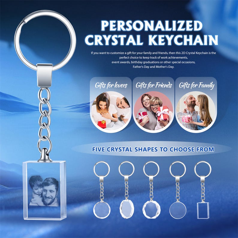 May include: A silver keychain with a crystal charm that can be personalized with a photo. The charm is rectangular and has a clear background. The keychain is shown with five different crystal shapes to choose from: round, oval, octagon, square, and rectangle.