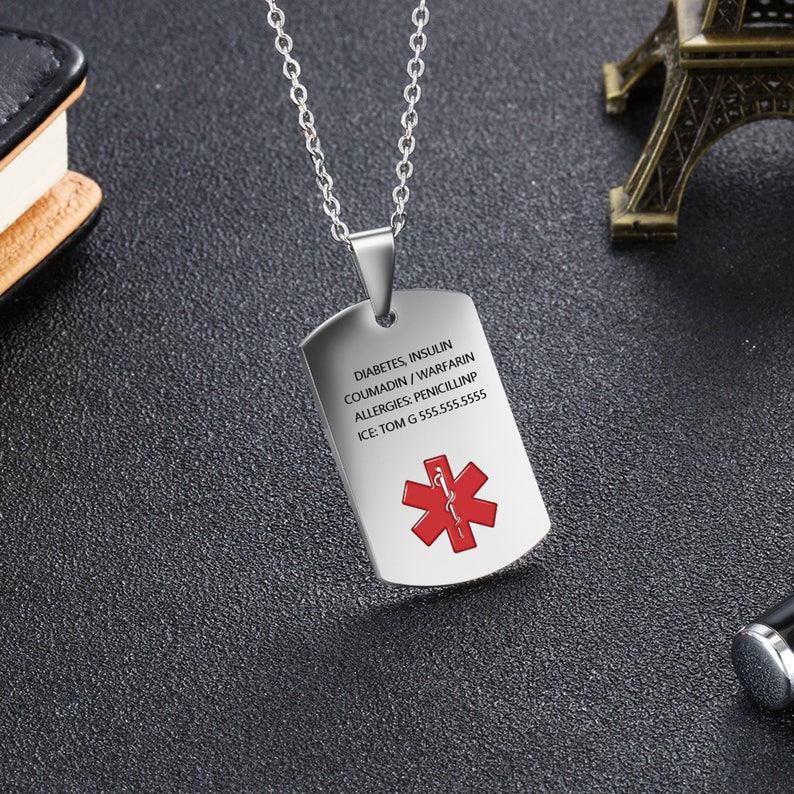 Custom Medical Alert Necklace for Men Women Stainless Steel Engraved Medical ID Tag Emergency Med Alert Necklace for Men image 6