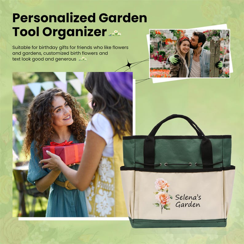 Puede incluir: Una bolsa de herramientas de jard&iacute;n de lona verde y blanca con un asa negra y un bolsillo con cremallera. La bolsa tiene un dise&ntilde;o floral y el texto "Selena's Garden" impreso en la parte delantera.