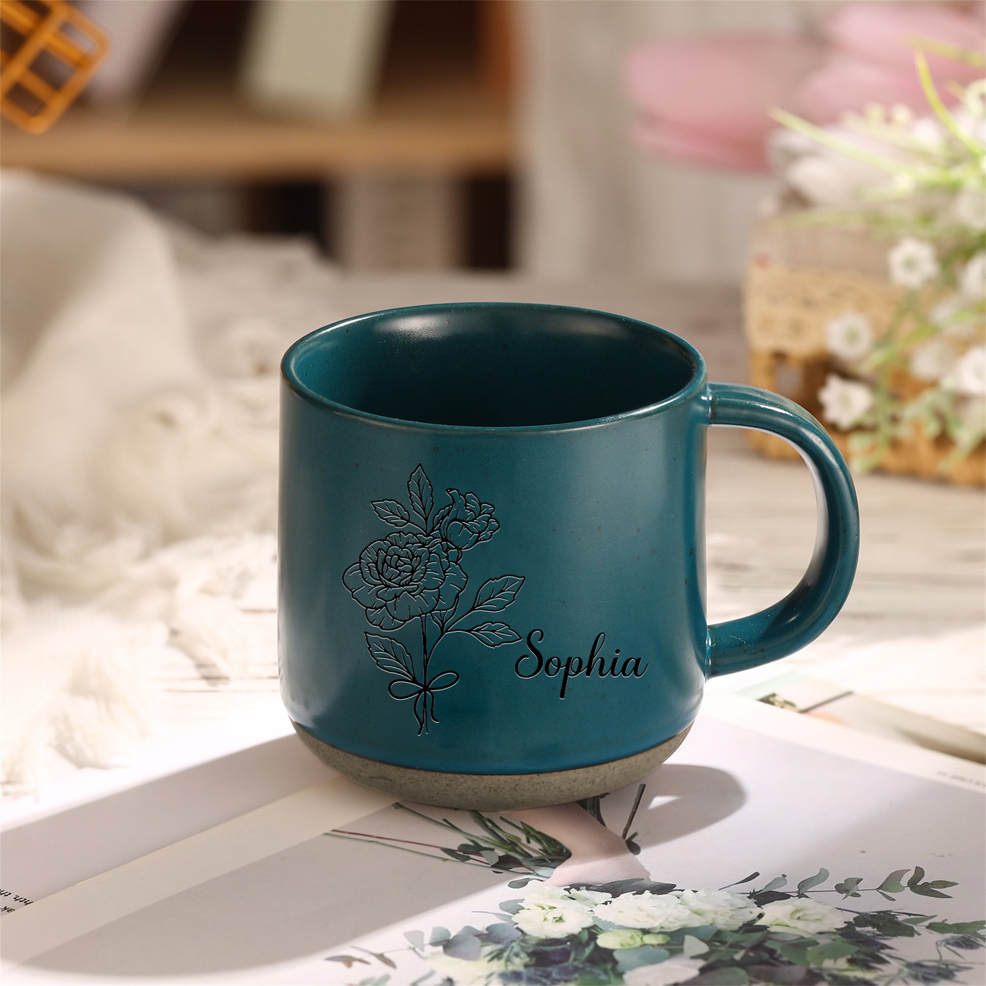 Custom Mug Ceramic Mug, Birth Flower Mug, Coffee Mug, Engraved Name Floral Mug, Personalized Family Christmas Birthday Gift, Wedding Favor