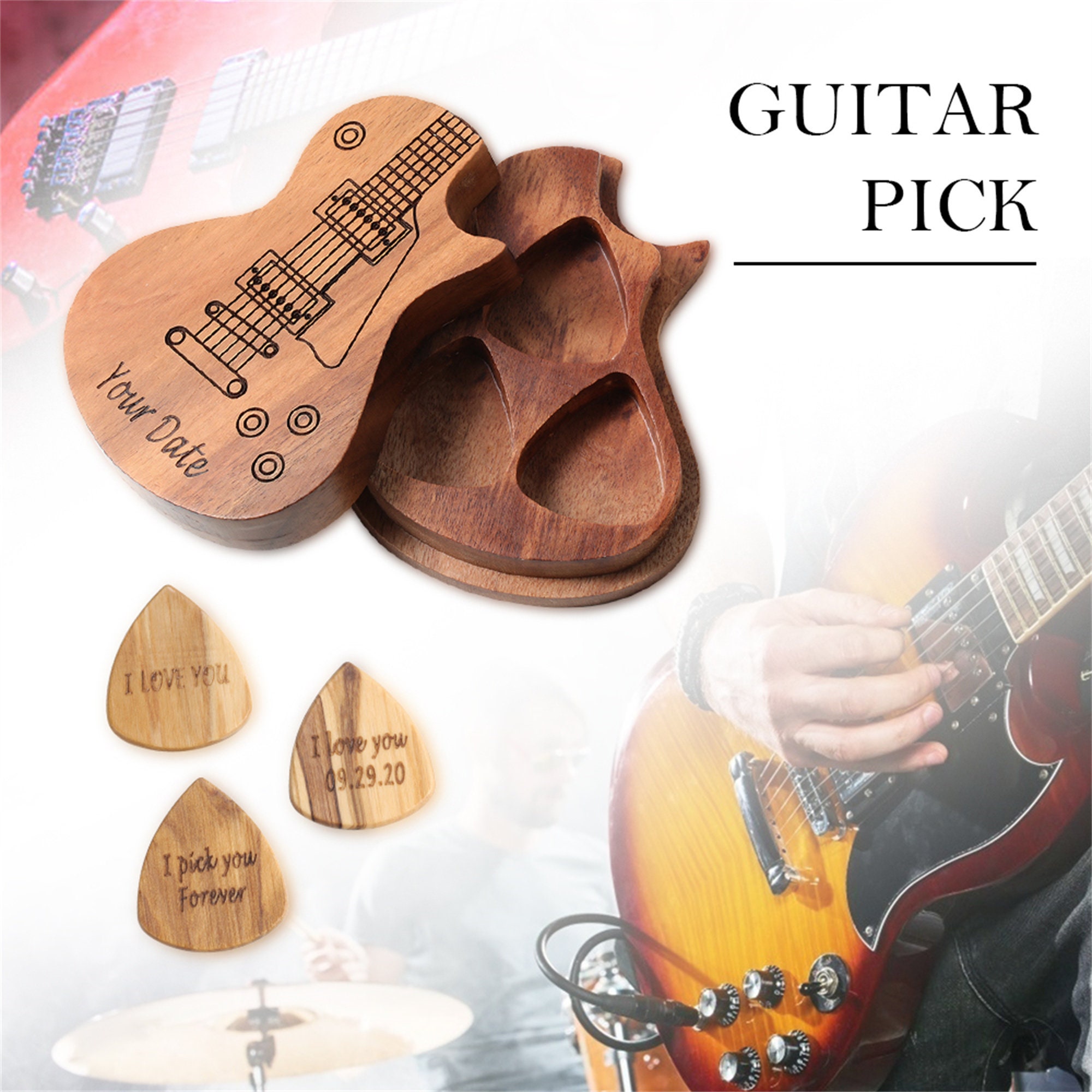 3pcs personalized wooden guitar 2024 picks with case