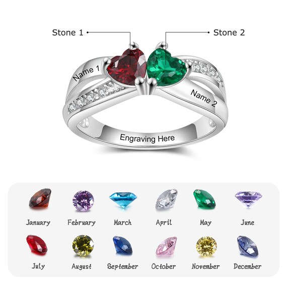 Personalized Mother's Ring With Simulated Birthstones & Heart Design - Custom Name & Date Engraving (Size 7) - View #9