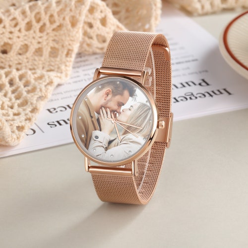 Personalized Photo Women Wrist Watch, Custom Engraved Text Rose