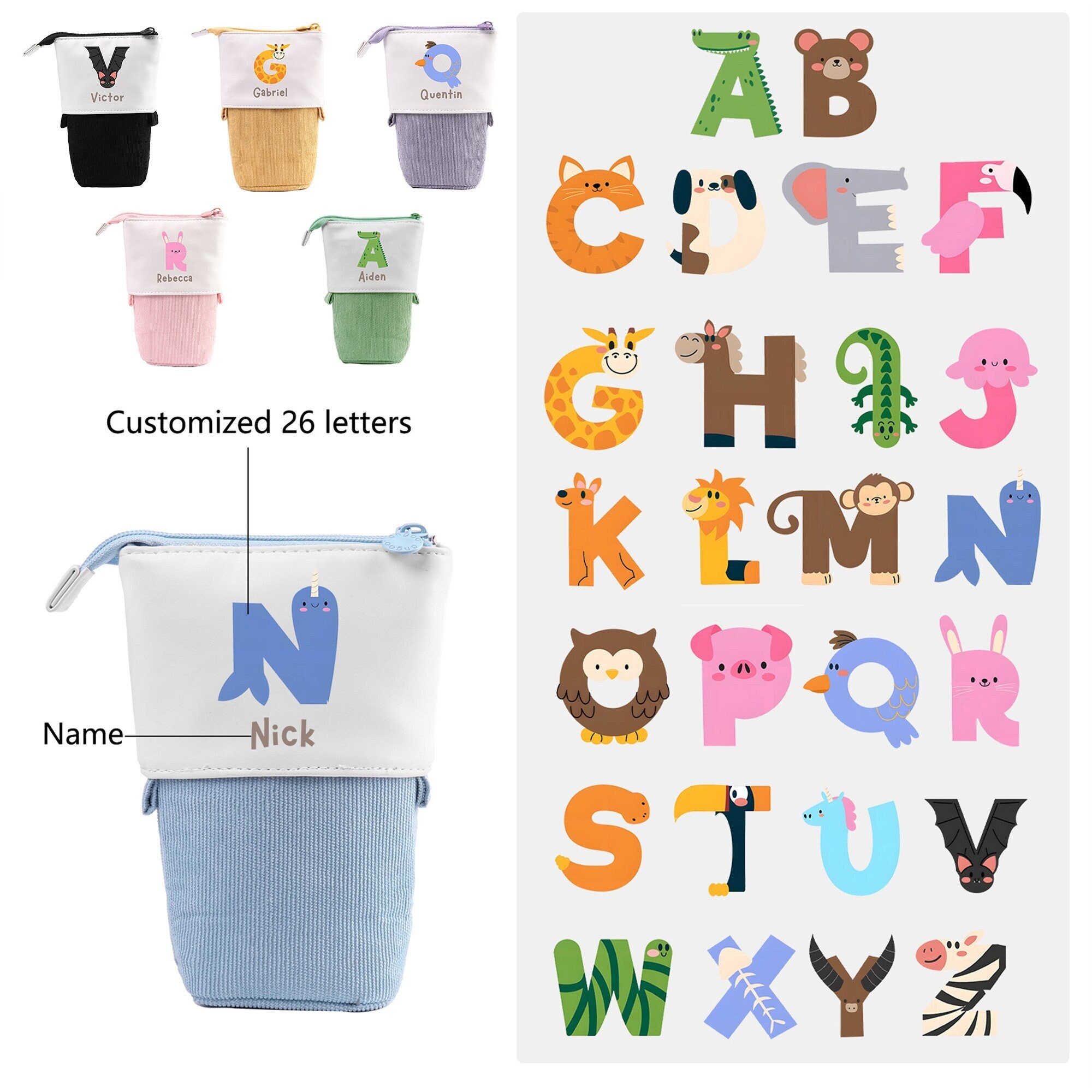 Custom Name & Initial Pencil Case Pop up Pencil Case Pen Holder Slide Down Pouch Personalized Kids Gifts Back-to-School Gift School Supplies