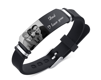 Bracelet photo personnalisé pour homme avec nom gravé, bracelet en silicone, bracelet réglable, cadeaux personnalisés pour papa, cadeau de fête des pères