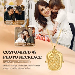 May include: A gold-colored, customized photo necklace with an ornate floral design. The necklace is on a gold chain. The image includes the text "Give a gift to your wife," "Give a gift to mom," and "CUSTOMIZED PHOTO NECKLACE."