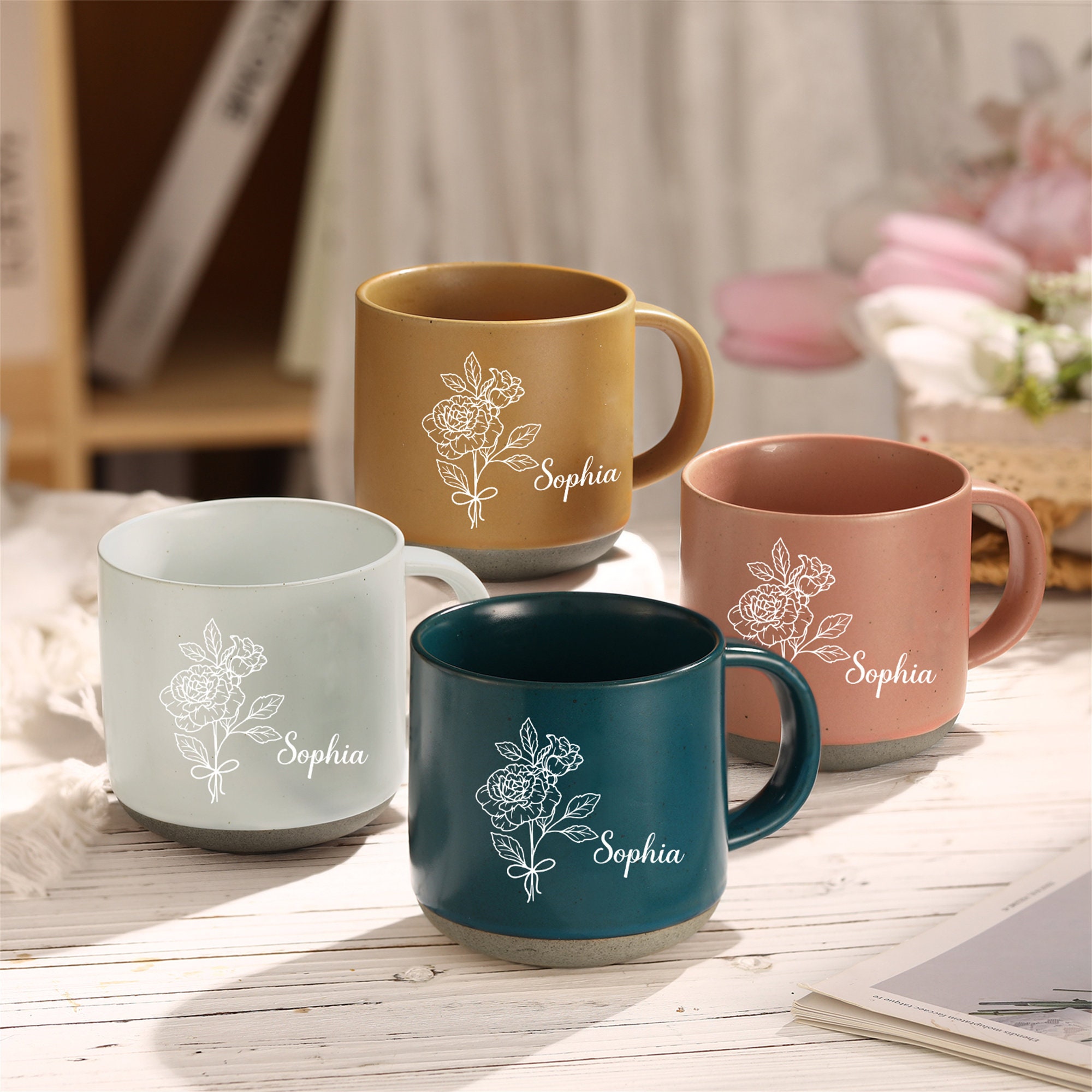 Custom Mug Ceramic Mug, Birth Flower Mug, Coffee Mug, Engraved Name Floral Mug, Personalized Family Christmas Birthday Gift, Wedding Favor