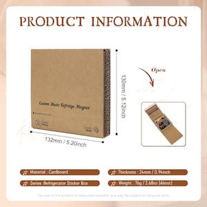 May include: A cardboard refrigerator magnet box labeled "Custom Music Refridge Magnet." The box is 5.20 inches wide and 5.12 inches tall. The box contains a magnet with a photo. The thickness is 0.94 inches, and the weight is 2.68 oz.