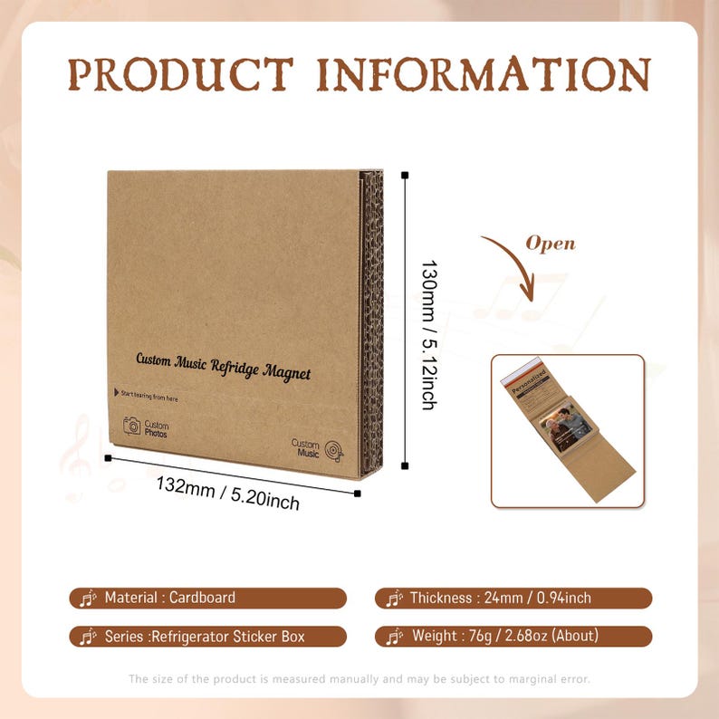 May include: A cardboard refrigerator magnet box labeled "Custom Music Refridge Magnet." The box is 5.20 inches wide and 5.12 inches tall. The box contains a magnet with a photo. The thickness is 0.94 inches, and the weight is 2.68 oz.