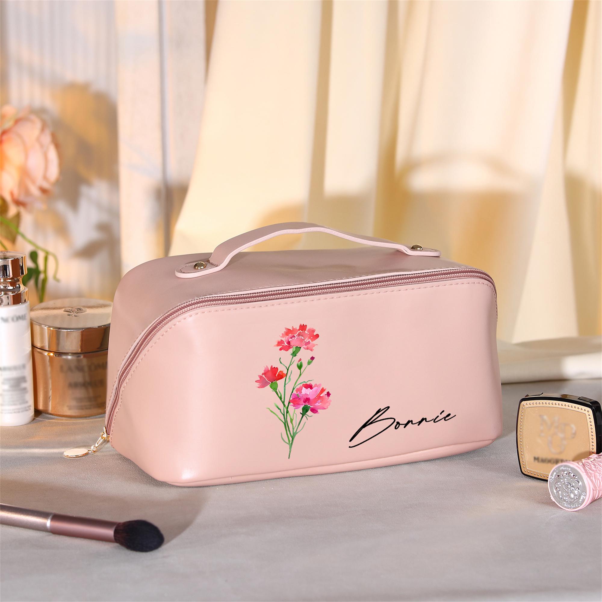 📢50% OFF❗❗Personalized Leather Makeup Bag with Birth Flower –Large Capacity, Customized for Bridesmaids! Personalize with Name - Ideal Gift for Her