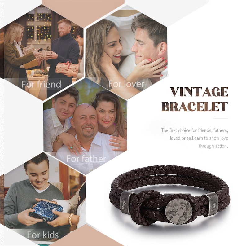 Engraved Photo Memory Men Bracelets Custom 2-5 Family Names Retro Bead Bracelet Personalized Gift for Him Dad Husband,Father's Day Gift image 4