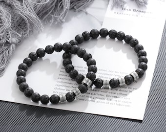 Custom 1-5 Names Black Lava Stone Bead Mens Bracelets, Family Name Plate Bracelet with Letter Personalized Gifts for Men, Fathers Day Gift