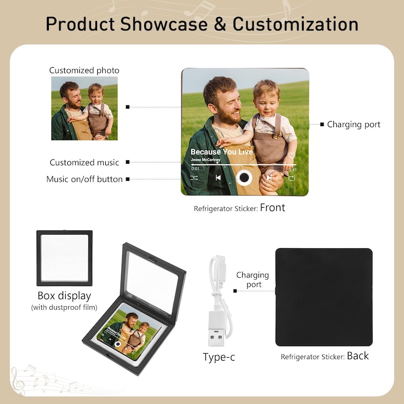 Custom Music Fridge Magnet, Personalized Photo & Music Fridge Magnet, Play Whole Song Music Box, Voicemail Keepsake Anniversary Gift for Him image 2
