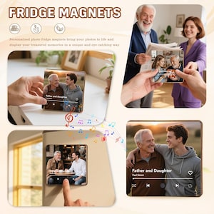 May include: Fridge magnets featuring personalized photos. The image shows several magnets with photos of a father and son. The text "Father and Daughter" and "Paul Simon" are visible on the magnets. The magnets are rectangular and appear to be attached to a refrigerator.