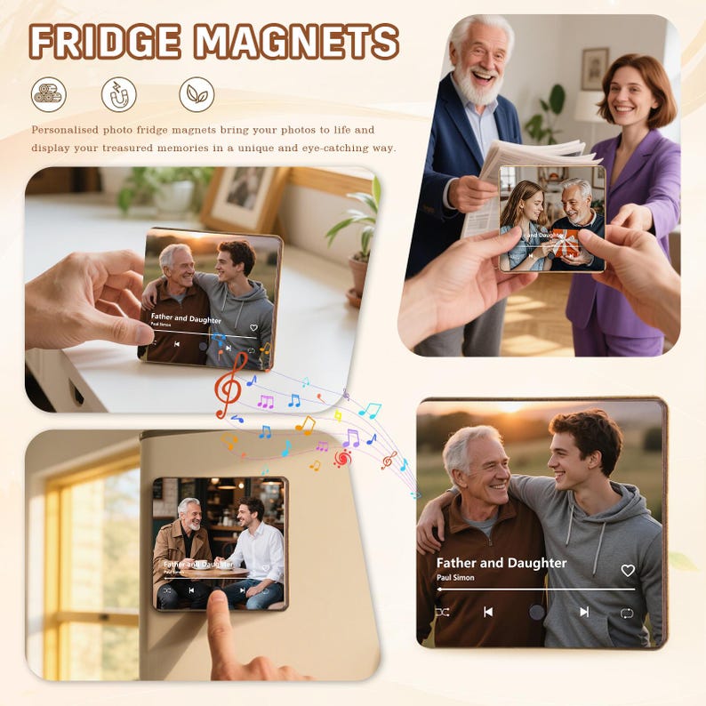 May include: Fridge magnets featuring personalized photos. The image shows several magnets with photos of a father and son. The text "Father and Daughter" and "Paul Simon" are visible on the magnets. The magnets are rectangular and appear to be attached to a refrigerator.